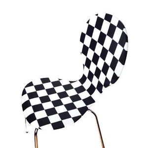 Chair RALLYE 1 wood and metal round design chair hand painted black and white checkered flag stripes on back upcycling by SophieLDesign