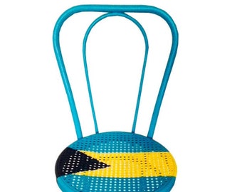 Chair Upcycling BAHAMAS chair with flag of the Bahamas metal Thonet shaped chair handpainted turquoise yellow black by SophieLDesign