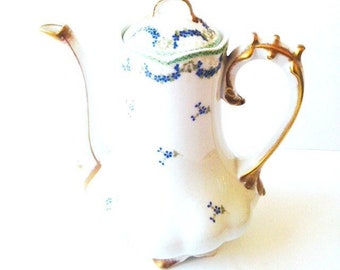 Teapot U.C. Limoges -- Luxury Teapot rare piece  Limoges porcelain teapot blue floral pattern vintage by SophieLDesign