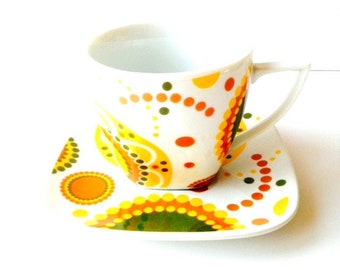 Mug and saucer wide mug 60s 70s colors brown orange yellow kaki vintage 90s porcelain SophieLDesign
