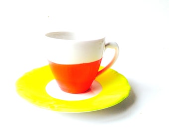 Teacup and saucer white porcelain hand painted neon PINK andYELLOW by SophieLDesign