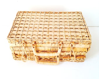 Picnic basket vintage wicker and bamboo suitcase very nicely preserved vintage by SophieLDesign