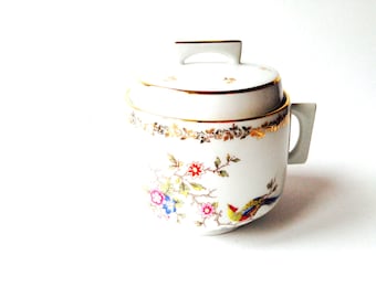 Sugar Bowl Modern Limoges design fine gold and white porcelain floral pattern with bird rare square handles French luxury vintage