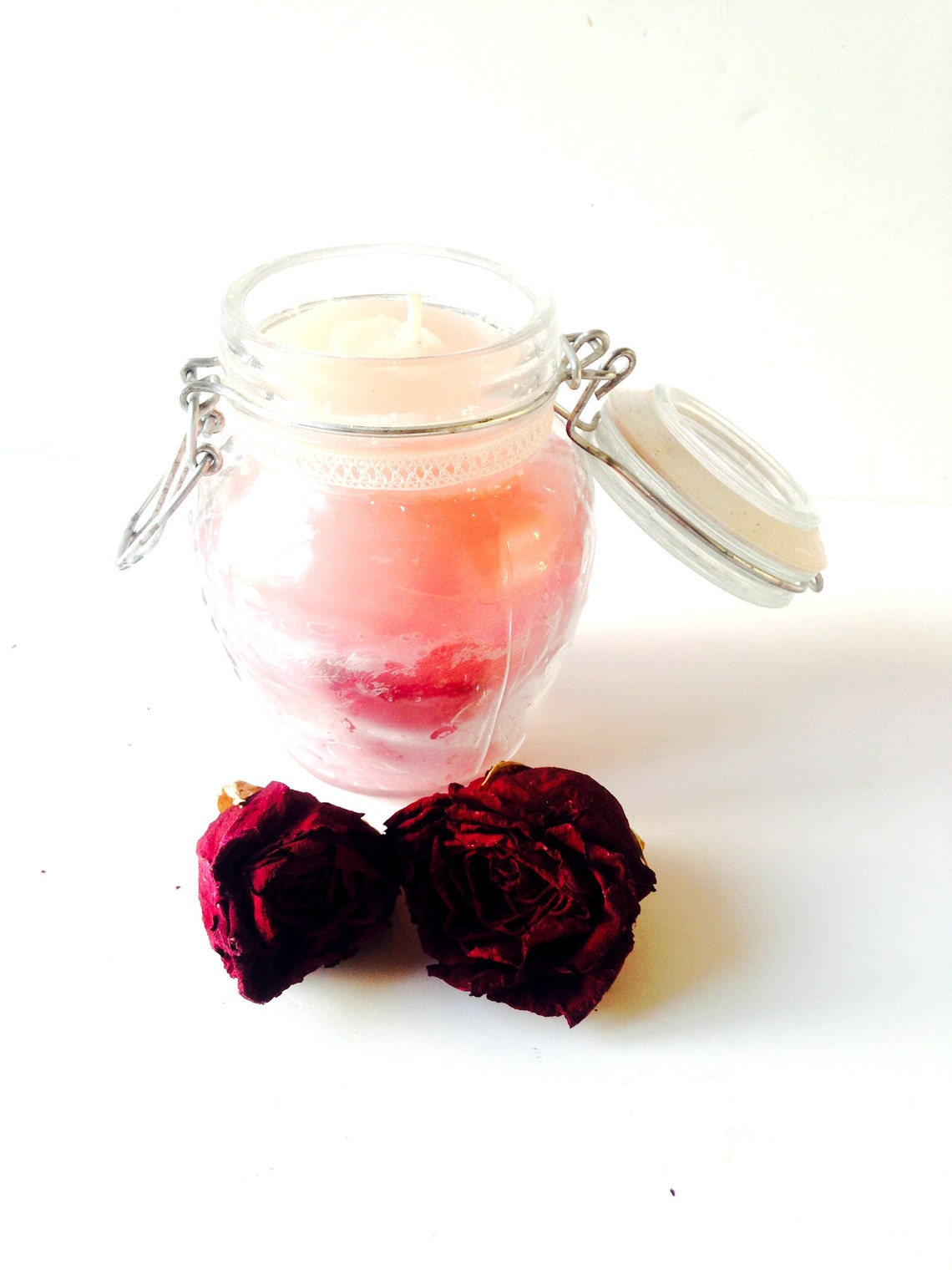 Candle ROSE PETALS pretty glass container ombre pink and Etsy