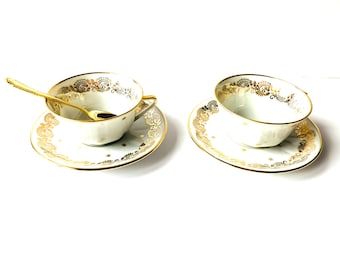 Witte en gouden kopjes en schotels in Limoges-porselein Baranger Reboisson servies uit 1927 1940 prachtig vintage theecadeau van SophieLDesign