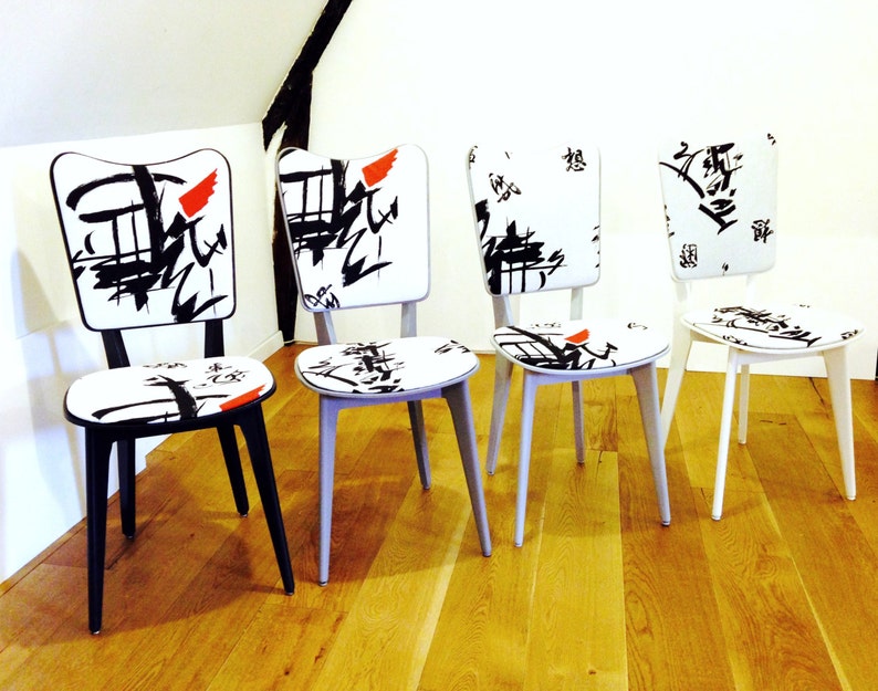 upcycled Set of 4 ombre chairs GINZA TOKYO dining room Chairs Scandinavian Black and White