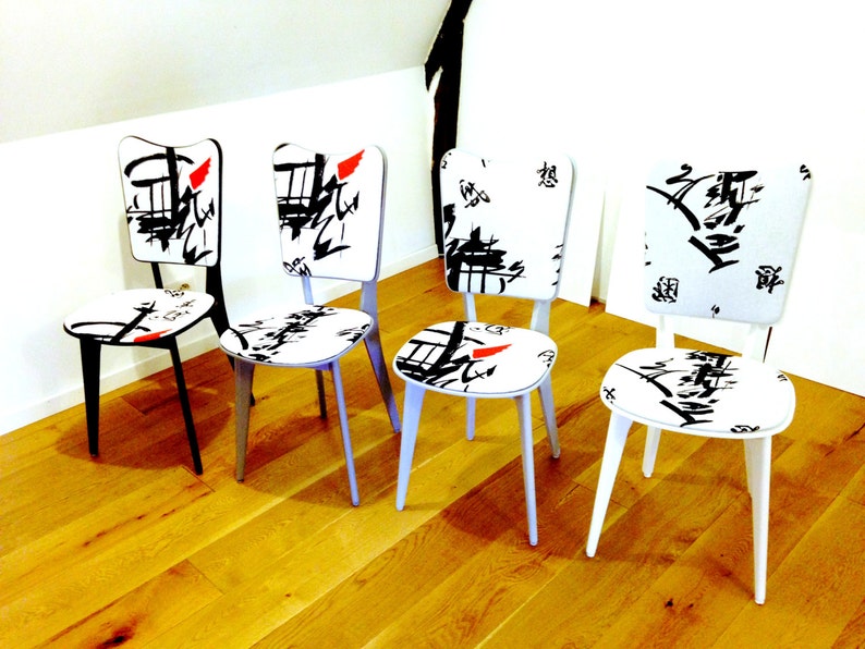 upcycled Set of 4 ombre chairs GINZA TOKYO dining room Chairs Scandinavian Black and White