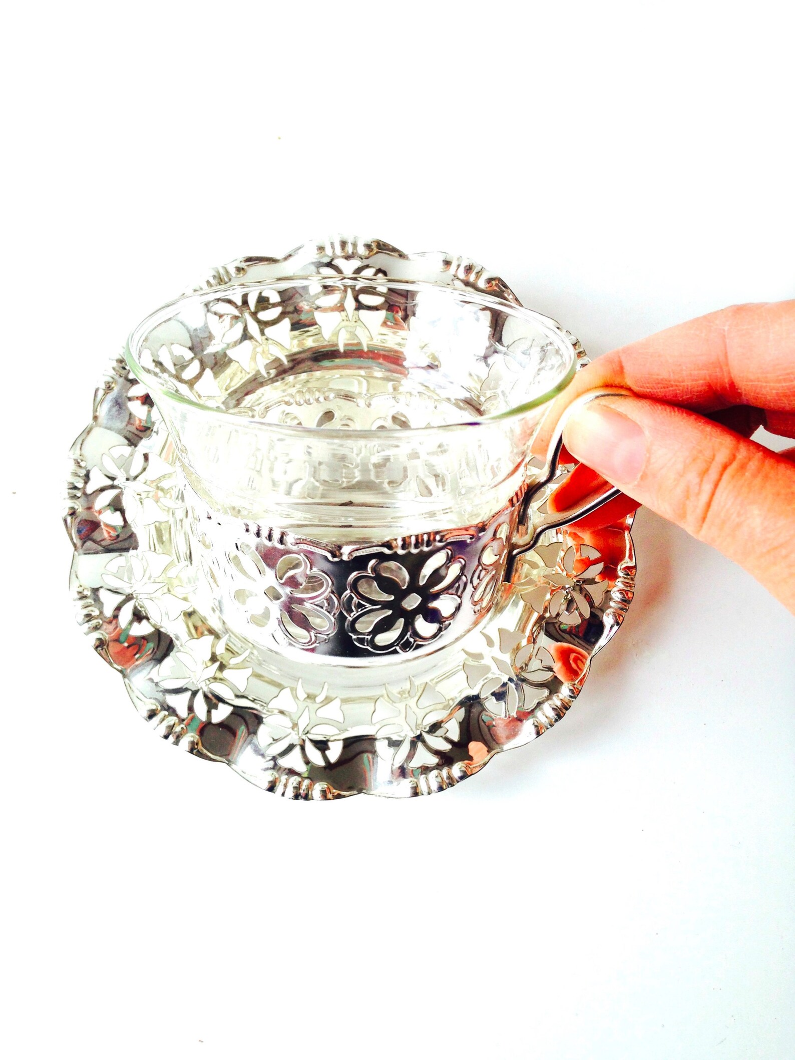 Teacups Clear Glass Teacups With Silver Plated Metal Etsy