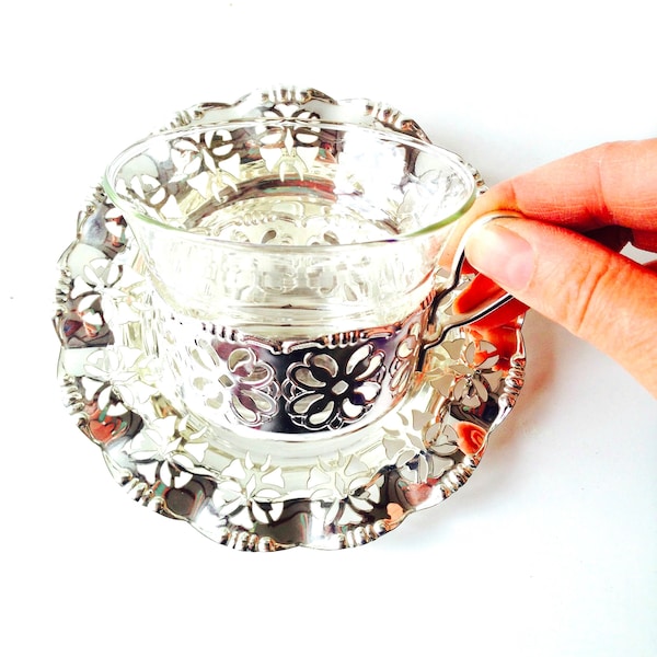 Tasse Trois parties sous tasse plaqué argent BMF fabriqué en ancienne RFA Allemagne verre Schott Glass très fin dentelle argentée