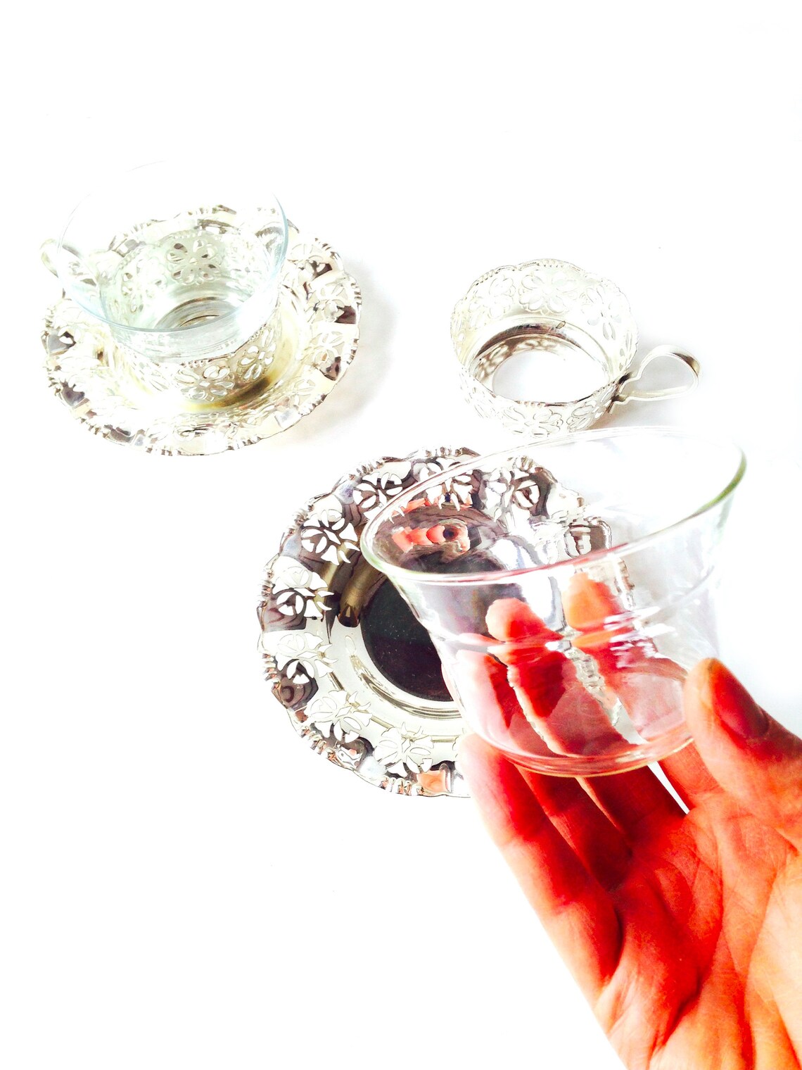 Teacups Clear Glass Teacups With Silver Plated Metal Etsy