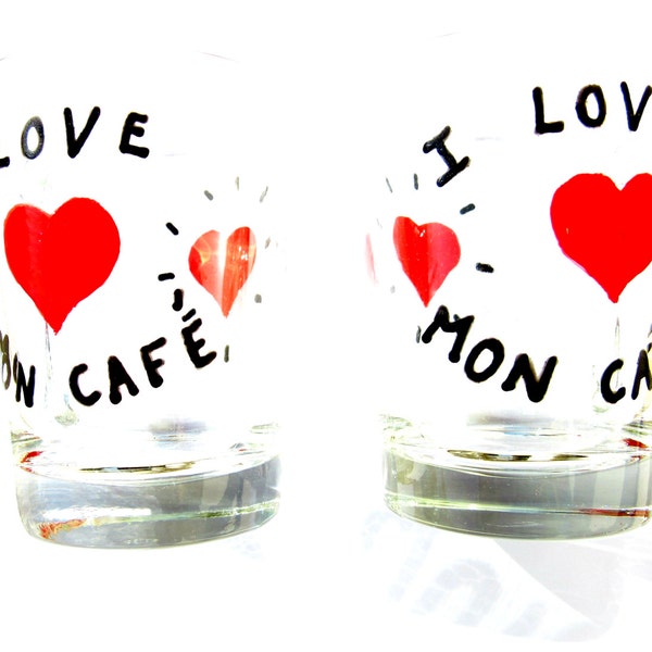 Paire de Mugs I LOVE MON CAFÉ 2 mugs en verre transparent avec coeur rouge I love mon café par SophieLDesign