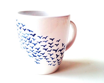 Teacup or coffee cup-- MILAIDHOO, minimalist blue design, birds.  SophieLDesign