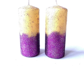 FAIT MAIN Bougies x 2 issues du recyclage grandes bougies paillettes argent et violet décorations bougies de table SophieLDesign