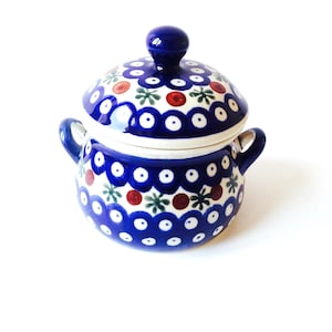 Niebieski polski ceramiczny garnek z pokrywką w stylu vintage od SophieLDesign