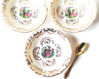 Cups x 3 small dessert plates fine porcelain gilt lining with Asian illustrations very fine golden decor vintage by SophieLDesign