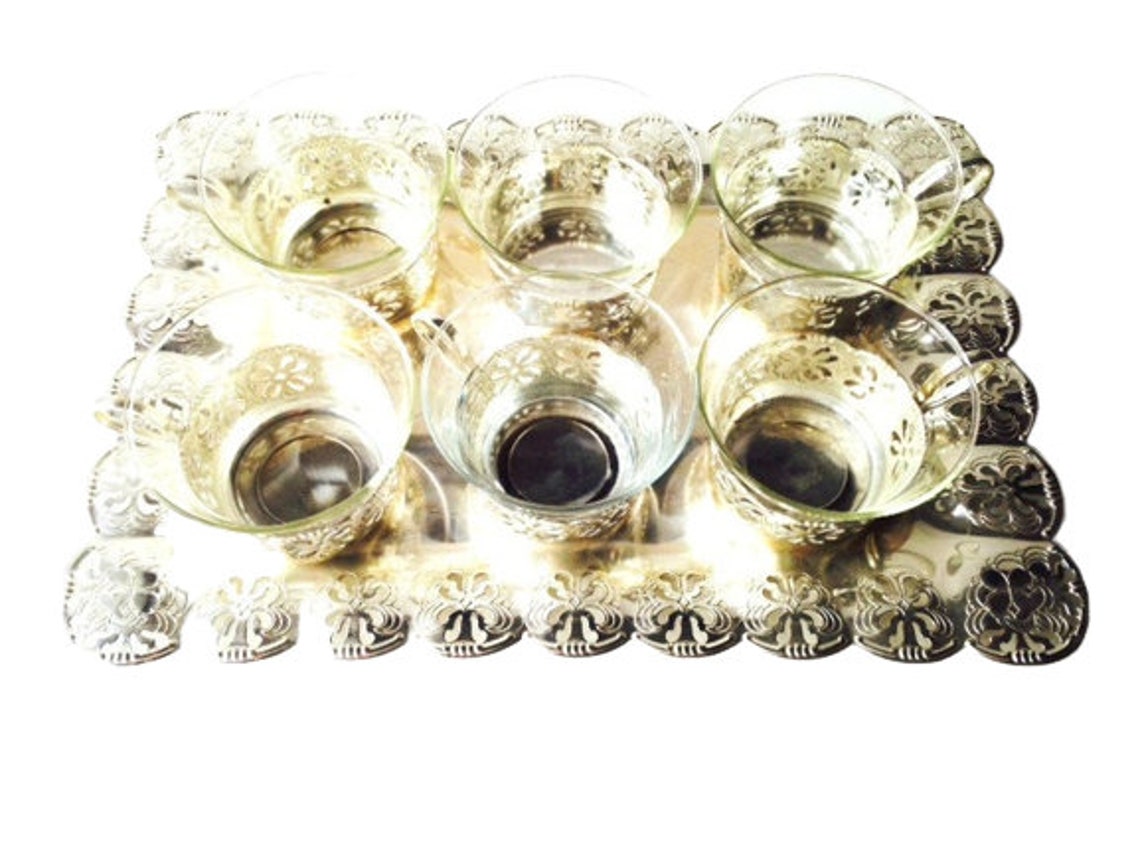 Tea Tray Vintage Tea Tray Set With 6 Cups Glass and Silver Etsy