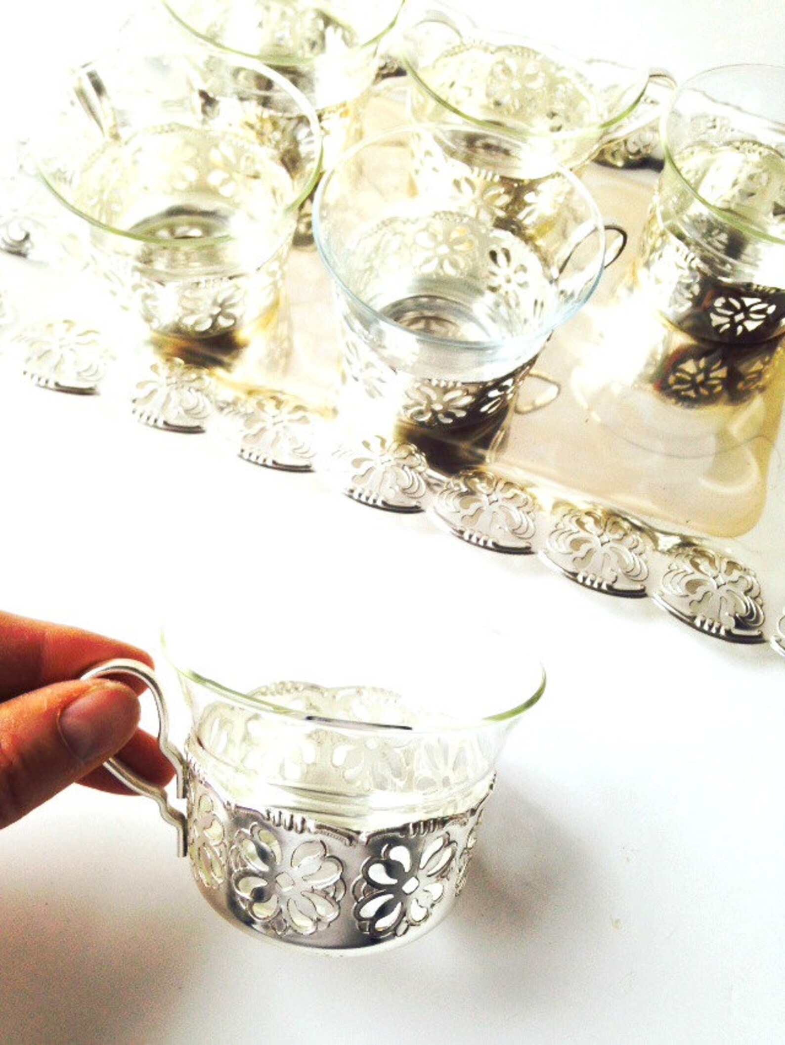 Tea Tray Vintage Tea Tray Set With 6 Cups Glass and Silver Etsy