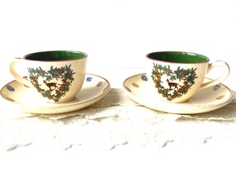 Teacups -- 2 NIDERVILLER teacups, with SARREGUEMINES saucers, leaf, green foliage heart shaped decor, with ibex, vintage by SophieLDesign