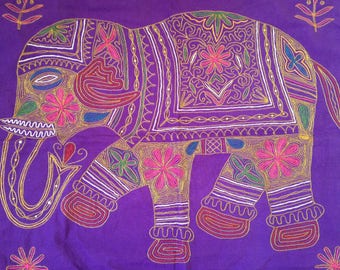 Batik Zardosi Indian Batik GOLDEN ELEPHANT on purple background Rajasthan handicraft from the city of Jaisalmer vintage SophieLDesign