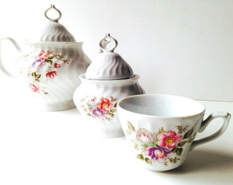 Tea set 3 pieces teapot sugar bowl and teacup fine porcelain floral pattern Apulum Romania made set beautiful vintage by SophieLDesign
