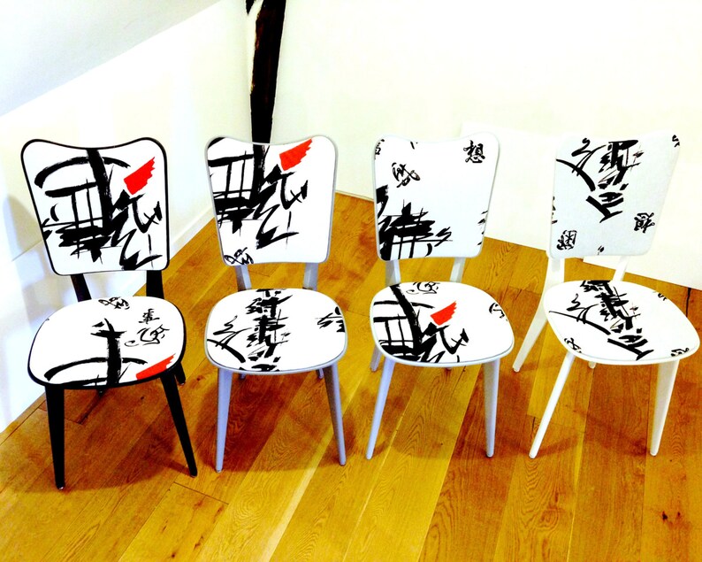 upcycled Set of 4 ombre chairs GINZA TOKYO dining room Chairs Scandinavian Black and White