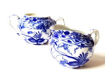 Sugar Bowl and Creamer blue and white fine chinaware porcelain set Huang Hé tea accessories fine bone china vintage by SophieLDesign