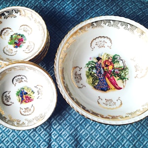 Tableware Dessert bowl and plates 9 pieces Royal Limoges fine porcelain Chinese or Japanese decor gilded French vintage SophieLDesign