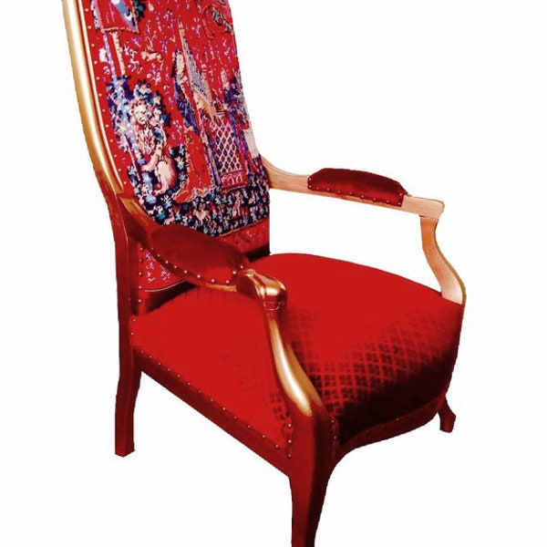 Fauteuil médiéval La DAME à LA LICORNE broderie tapisserie faite à la main dossier velours gaufré grenat à croisillons par SophieLDesign