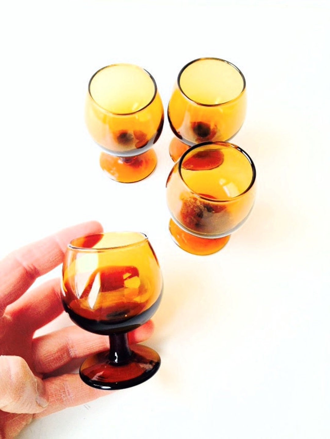 Shot Glasses Made of Honey Colored Glass Stem Glasses Vintage Rare Pieces French Vintage by