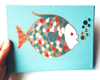 Tableau petite taille acrylique sur canevas POISSON D'AVRIL petit poisson écailles multicolores et bulles en perles en relief SophieLDesign