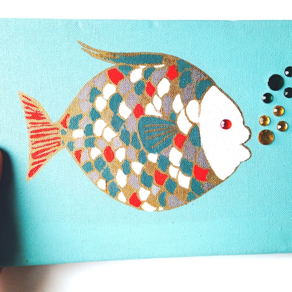 Tableau petite taille acrylique sur canevas POISSON D'AVRIL petit poisson écailles multicolores et bulles en perles en relief SophieLDesign