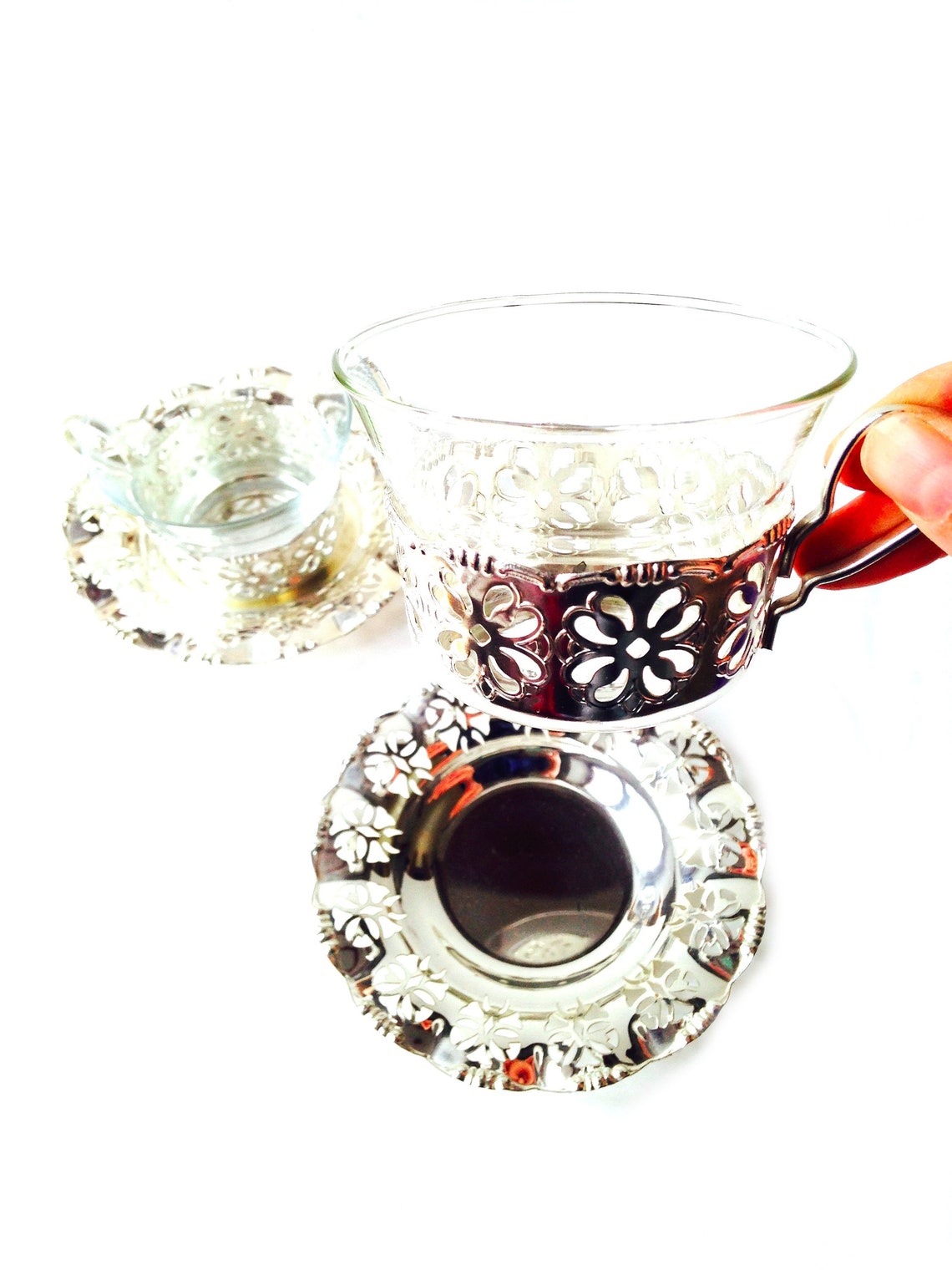 Teacups Clear Glass Teacups With Silver Plated Metal Etsy