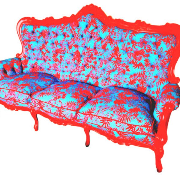 Banquette canapé sofa HAWAII baroque italien restauré tissu coton 3 places bleu turquoise et rouge par SophieLDesign