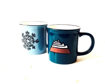 Mugs x 2 THE FIRST SNOWFLAKE Customized porcelain mugs Blue Grey Peacock Blue handpainted by SophieLDesign