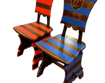 Chairs x 2 Rustic dark wood DUNKERQUE gothic sculpted chairs coastal decor upcycling hand painted red and blue by SophieLDesign