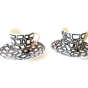 Handmade Teacups and saucers set of two hand decorated minimalist black and white by SophieLDesign