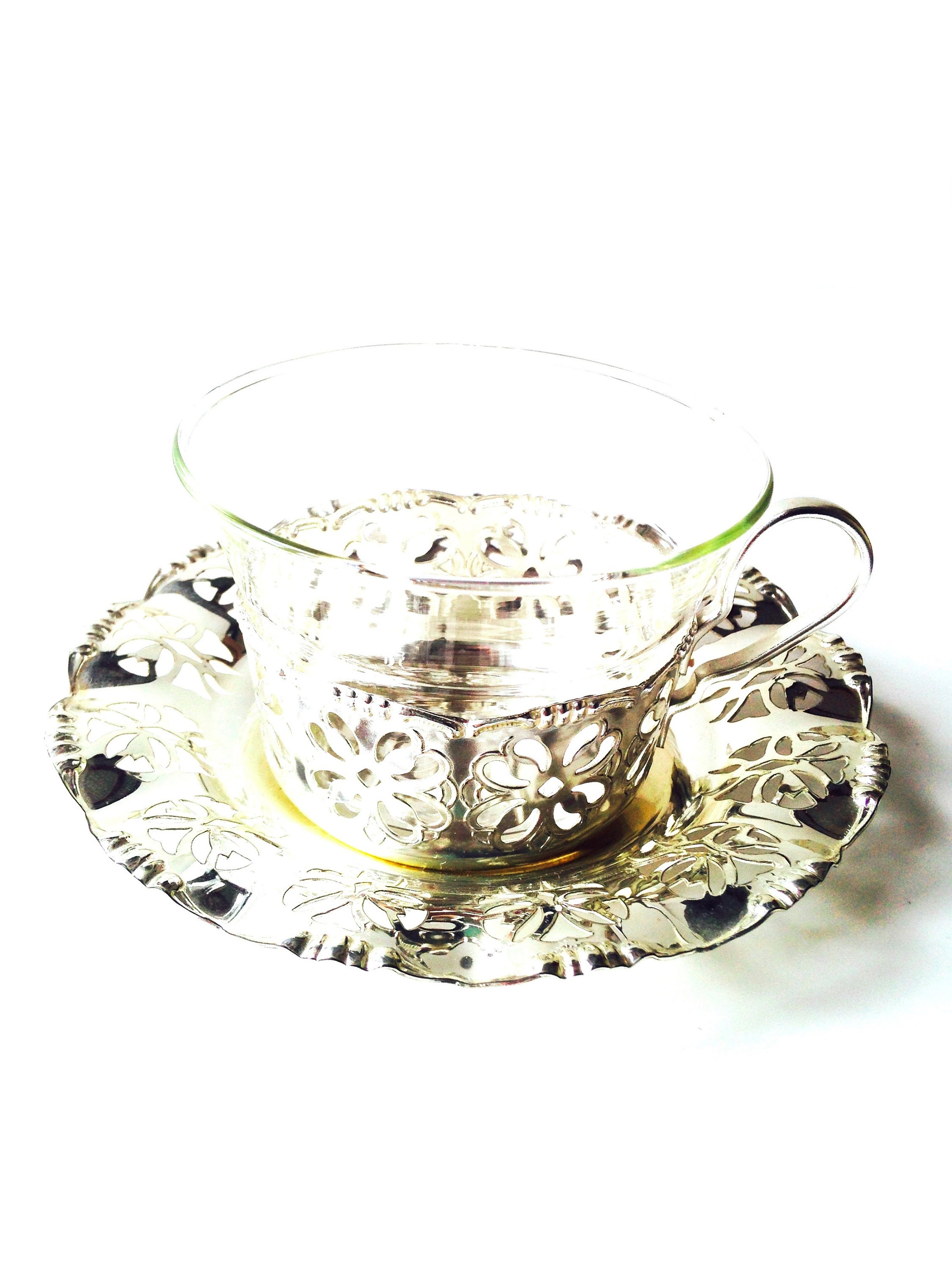 Teacups Clear glass teacups with silver plated metal Etsy