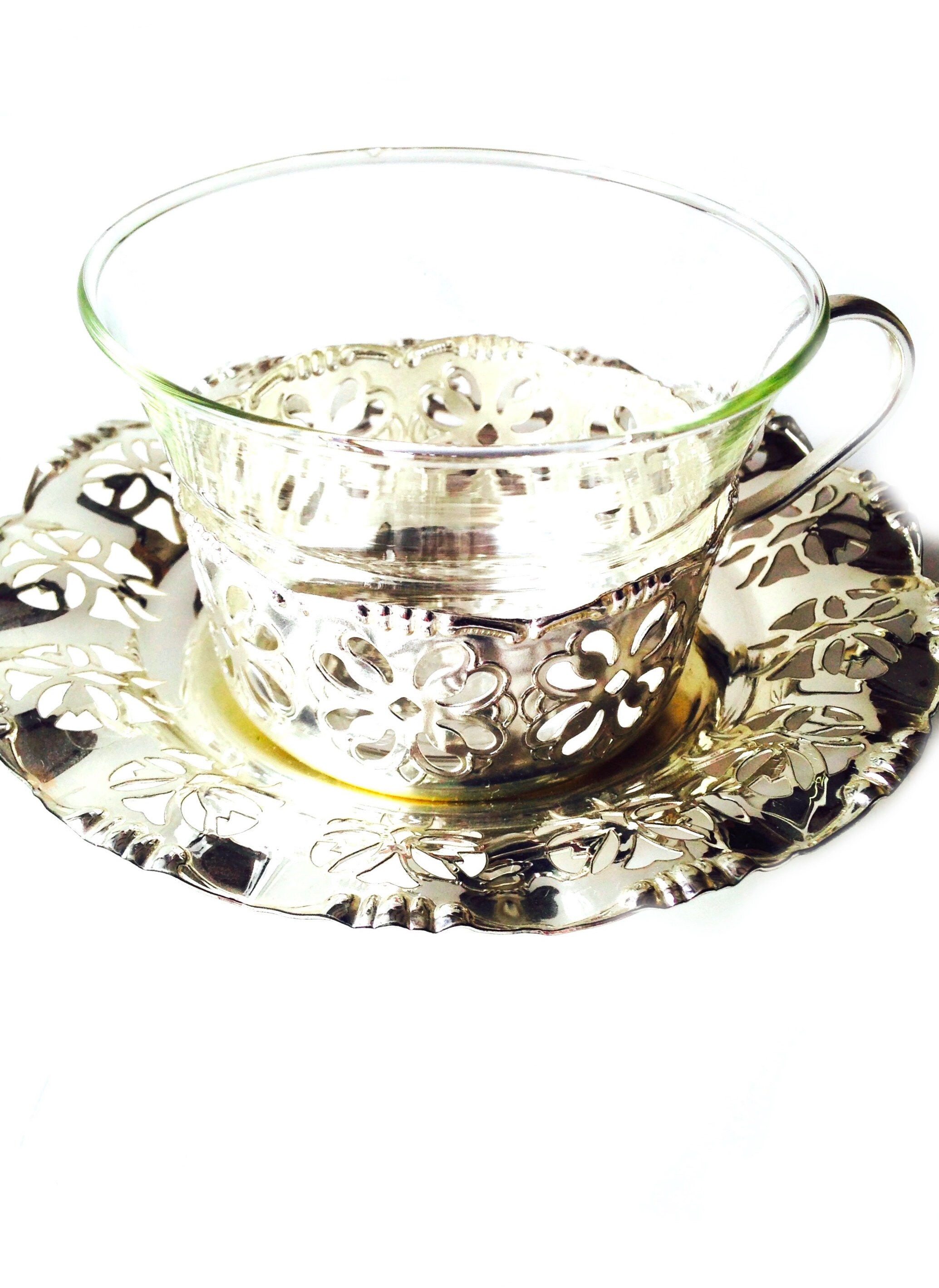 Teacups Clear glass teacups with silver plated metal Etsy