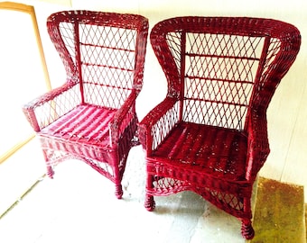 Armchairs pair of red armchairs bamboo and rattan red tall rare pieces authentic vintage from the 70s SophieLDesign