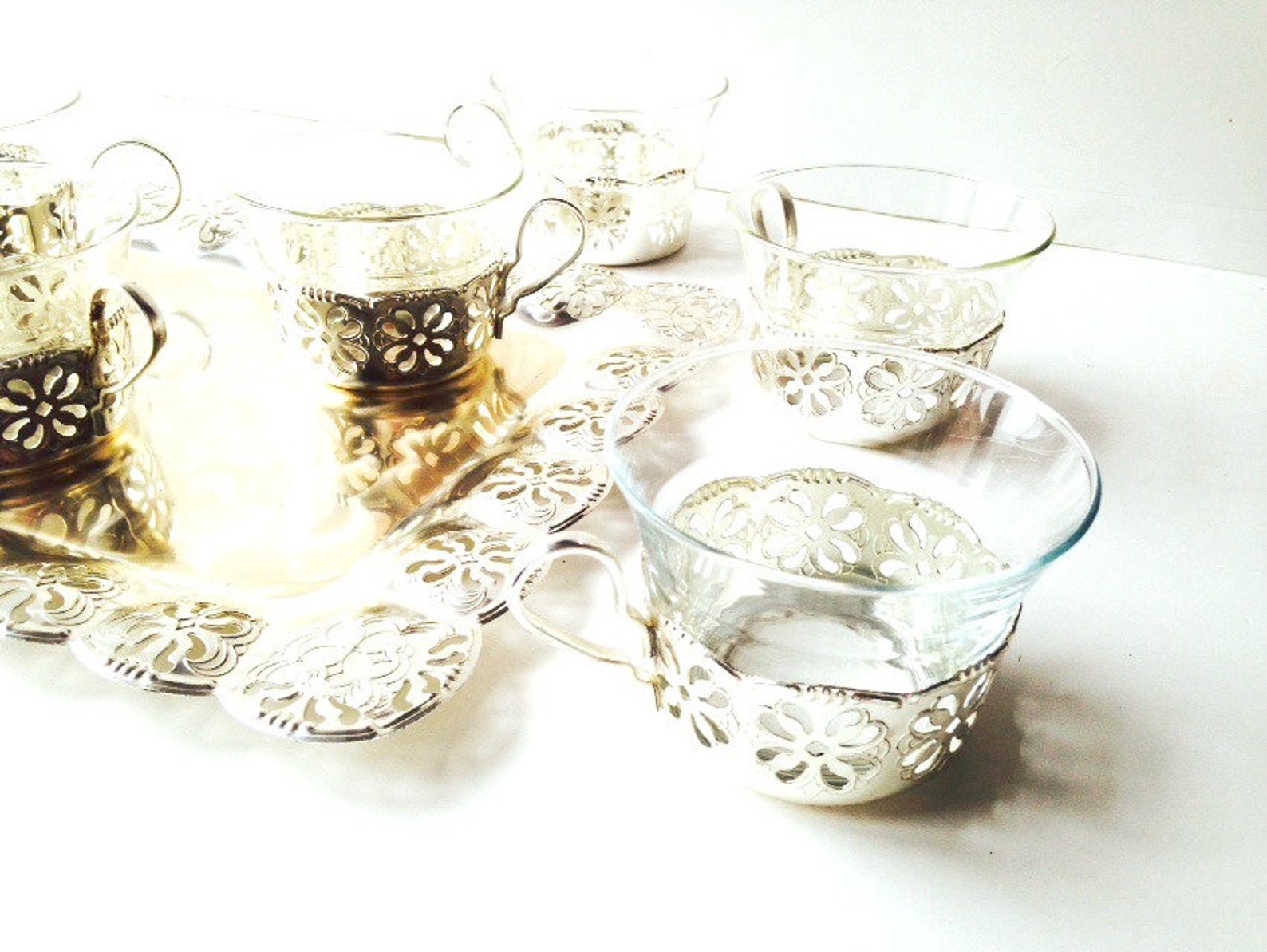 Tea Tray Vintage Tea Tray Set With 6 Cups Glass and Silver Etsy