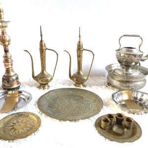 BERBER TEA Set of Antiques from Morocco and Egypt brass and stainless steel various pieces 9 items
