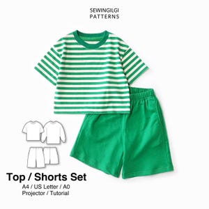 Puede incluir: Una camiseta de manga corta con rayas horizontales verdes y blancas y pantalones cortos verdes lisos. La imagen incluye el texto SEWINGILGI PATTERNS, un dibujo lineal de la camiseta y el pantalón, y el texto Top / Shorts Set A4 / US Letter / A0 Projector / Tutorial.