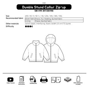 May include: A sewing pattern for a Dumble Stand Collar Zip-up jacket, featuring line drawings of a stand-collar jacket and a hooded jacket. Includes text for sizes 2XS to 5XL, fabric recommendations, and a 2.5 cm elastic requirement.