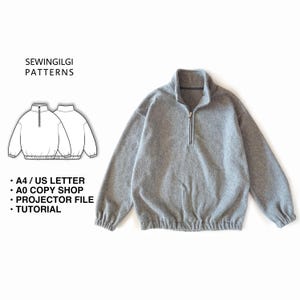 Unisex Halb-Zip Sweatshirt, PDF Schnittmuster, 10 Größen, Digital Download, Unisex Pullover