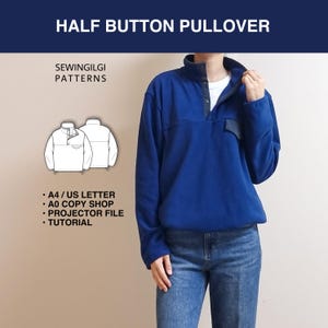 Pull unisexe demi-bouton, patron de couture PDF 10 tailles, sweat-shirt à col montant