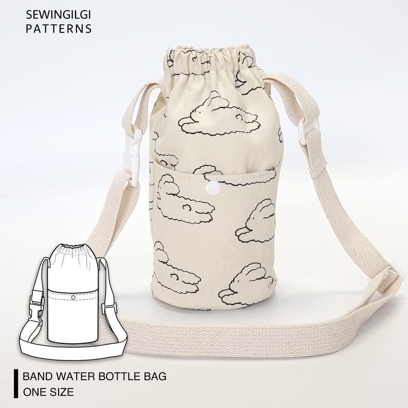 May include: A beige water bottle bag with a drawstring closure and an adjustable shoulder strap. The bag features a black and white print of bunnies on clouds. The text "BAND WATER BOTTLE BAG ONE SIZE" is printed on the bottom of the image.