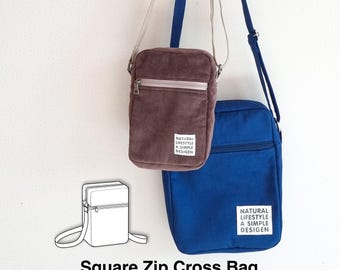 Square Zip Cross Bag Sewing Pattern PDF, 2 sizes, Digital Download