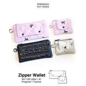 May include: Two quilted zipper wallets and two smaller pouches in light purple and black, featuring bow and heart patterns. Text reads SEWINGILGI PATTERNS and Zipper Wallet A4 / US Letter / A1 Projector / Tutorial with a line drawing of the items.