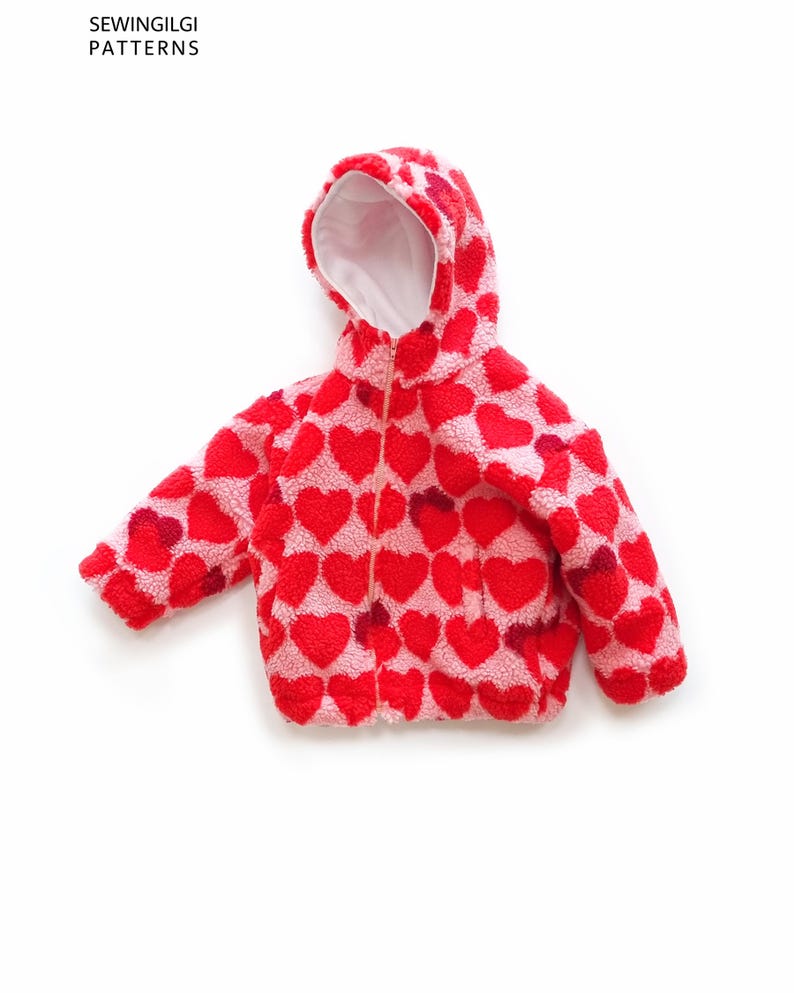 May include: A hooded jacket made of fuzzy, textured material featuring a repeating pattern of red hearts on a light pink background. The jacket has a front zip closure and a white interior lining. The text SEWINGILGI PATTERNS is visible.