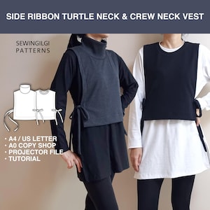 Gilet con nastro laterale, modello di cucito PDF 10 taglie, gilet da donna, collo alto, girocollo